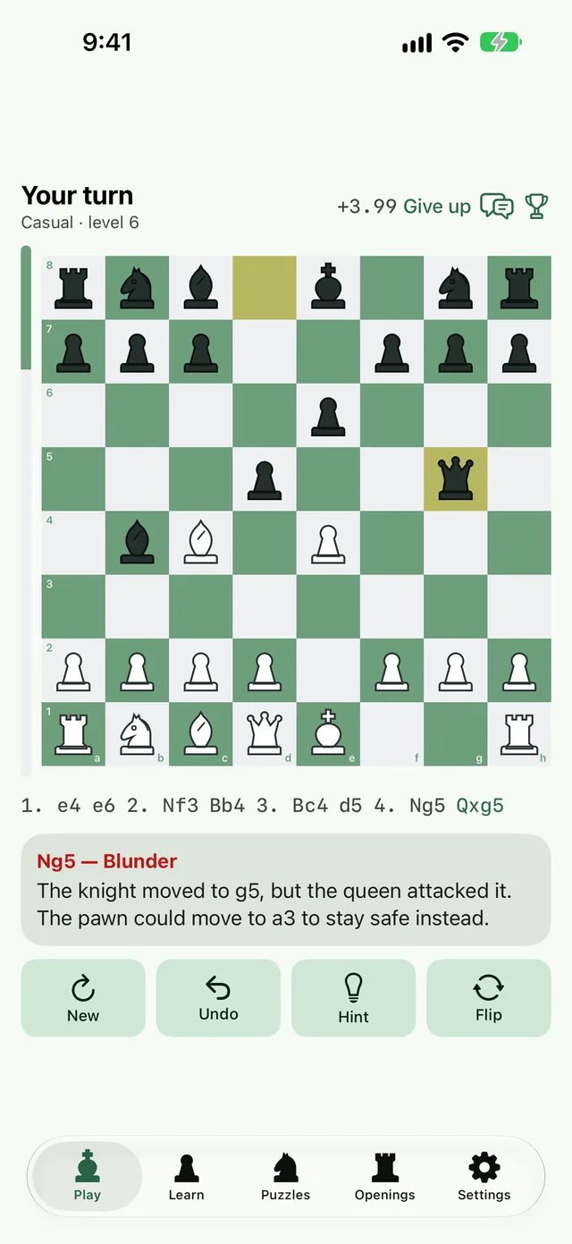 The app explaining a blunder on the board