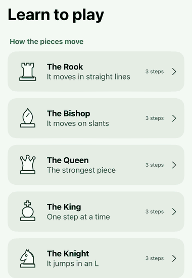The rook lesson: the sentence changes above the board and arrows show how the rook moves.