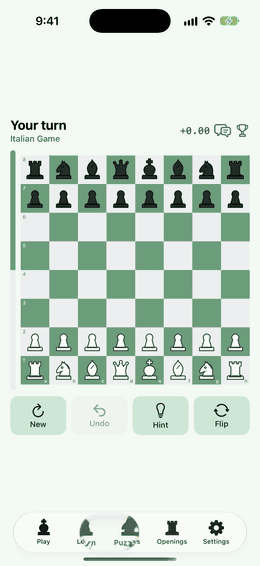 The Italian Game walked through a move at a time, with the idea explained above the board.