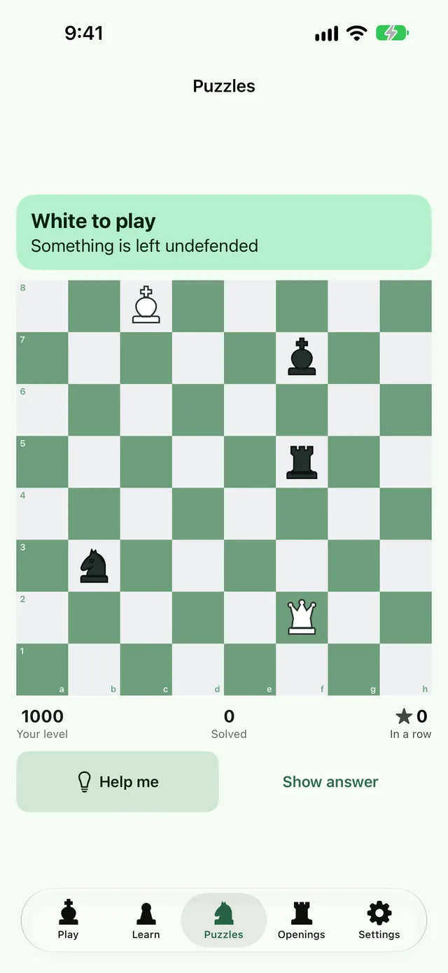 A tactics puzzle with a rating and a streak